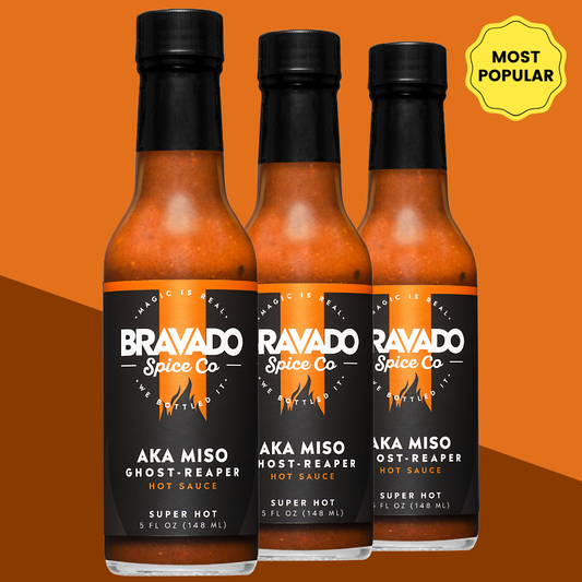 Bravado Spice Co Aka Miso Ghost-Reaper Hot Sauce labeled "Most Popular" and "Super Hot" - extreme heat miso hot sauce with ghost pepper.