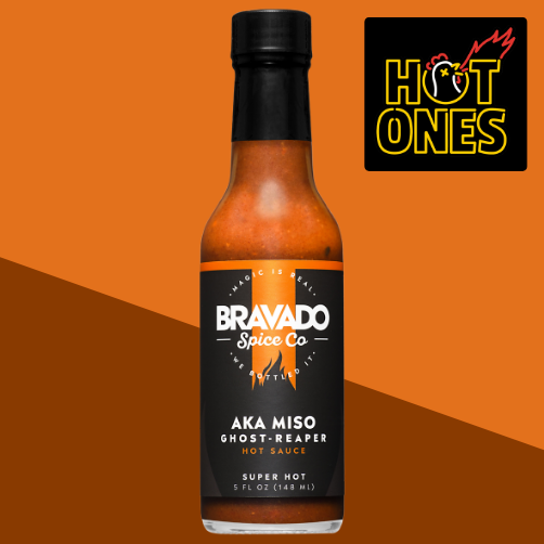 Bravado Spice Co Aka Miso Ghost-Reaper Hot Sauce featured on "Hot Ones" labeled "Super Hot" - extreme heat miso hot sauce with ghost pepper.
