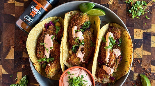 fried avocado tacos on cutting board