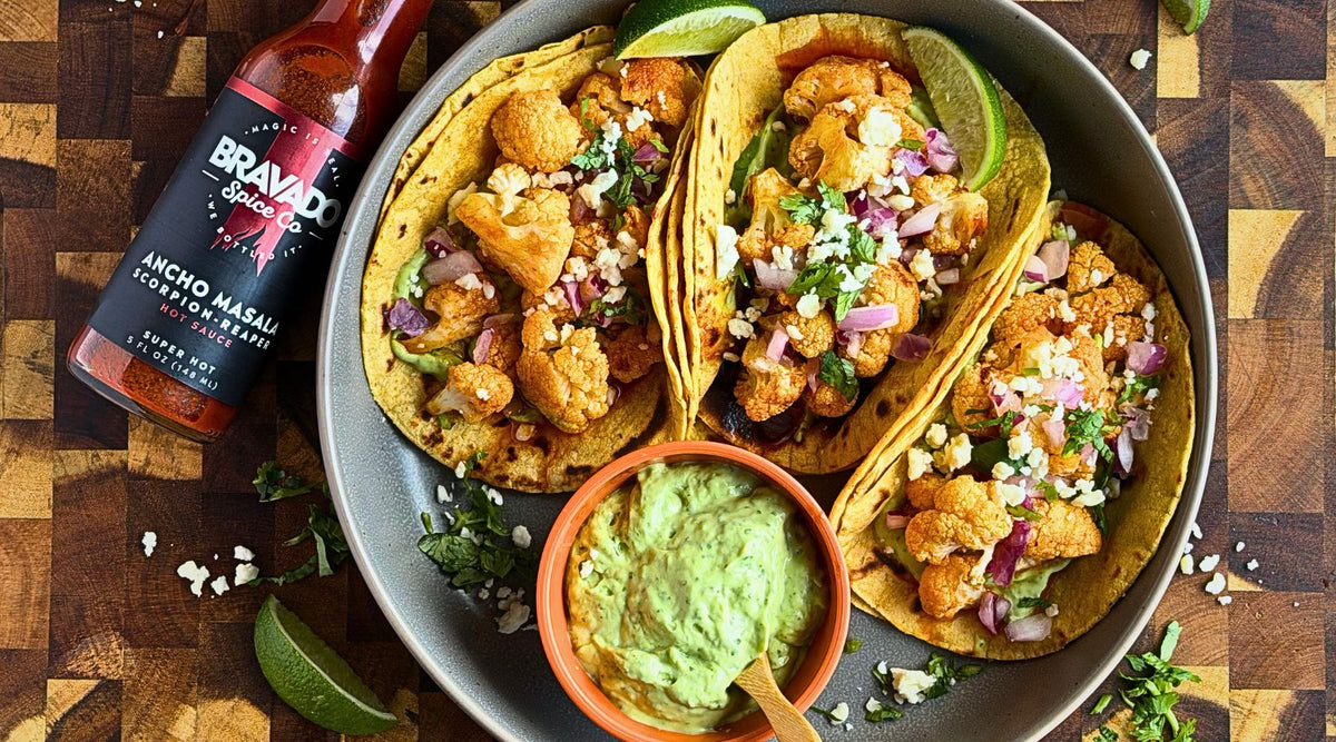 Caramelized Ancho Masala Cauliflower Tacos with Whipped Avocado Crema