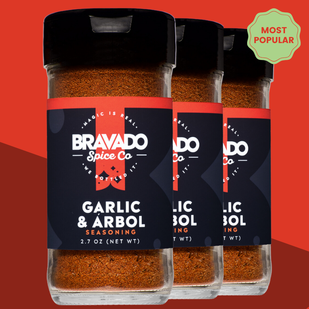 Bravado Spice Co Garlic & Arbol Seasoning labeled "Most Popular" - all-purpose Mexican seasoning blend in 2.7 oz bottles.