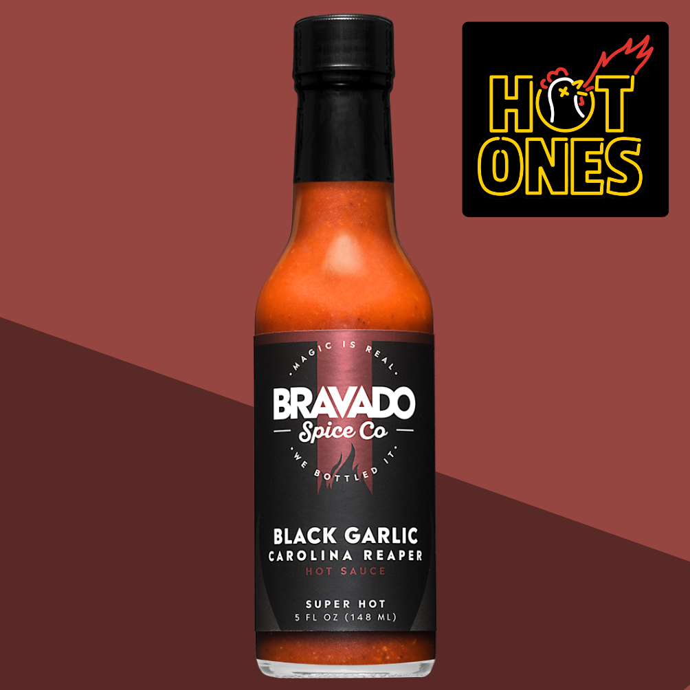 Bravado Spice Co Black Garlic Carolina Reaper Hot Sauce labeled "Super Hot" featured on "Hot Ones" - extreme heat Carolina Reaper sauce.